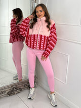 Zip Up Striped Heart Contrast Fleece Jacket - Pink/Red