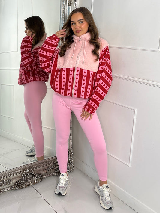 Zip Up Striped Heart Contrast Fleece Jacket - Pink/Red