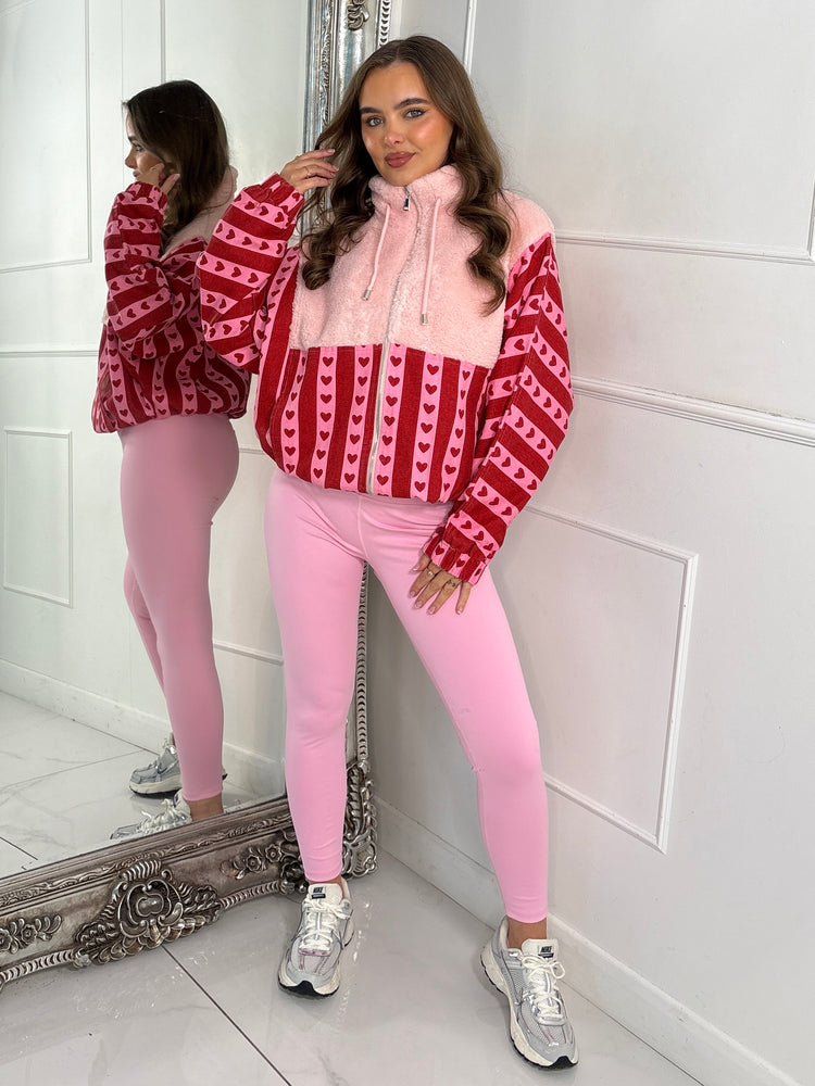 Zip Up Striped Heart Contrast Fleece Jacket - Pink/Red