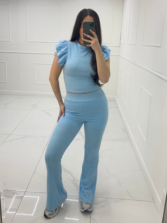 Ribbed Frill Shoulder and Flares Co-ord - Baby Blue