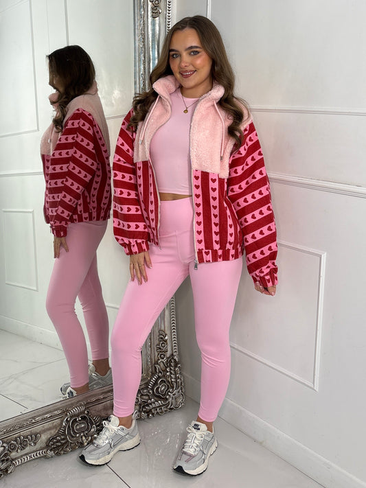 Zip Up Striped Heart Contrast Fleece Jacket - Pink/Red