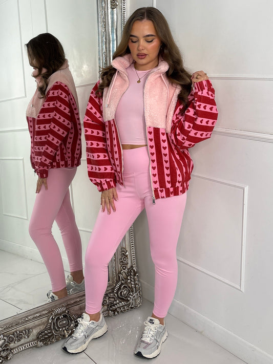 Zip Up Striped Heart Contrast Fleece Jacket - Pink/Red