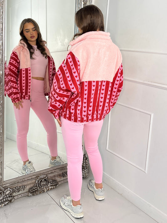 Zip Up Striped Heart Contrast Fleece Jacket - Pink/Red