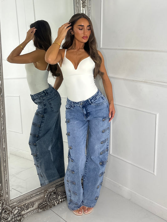 Dual Military Button Detail Wide Leg Denim Jeans - Blue