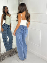 Dual Military Button Detail Wide Leg Denim Jeans - Blue