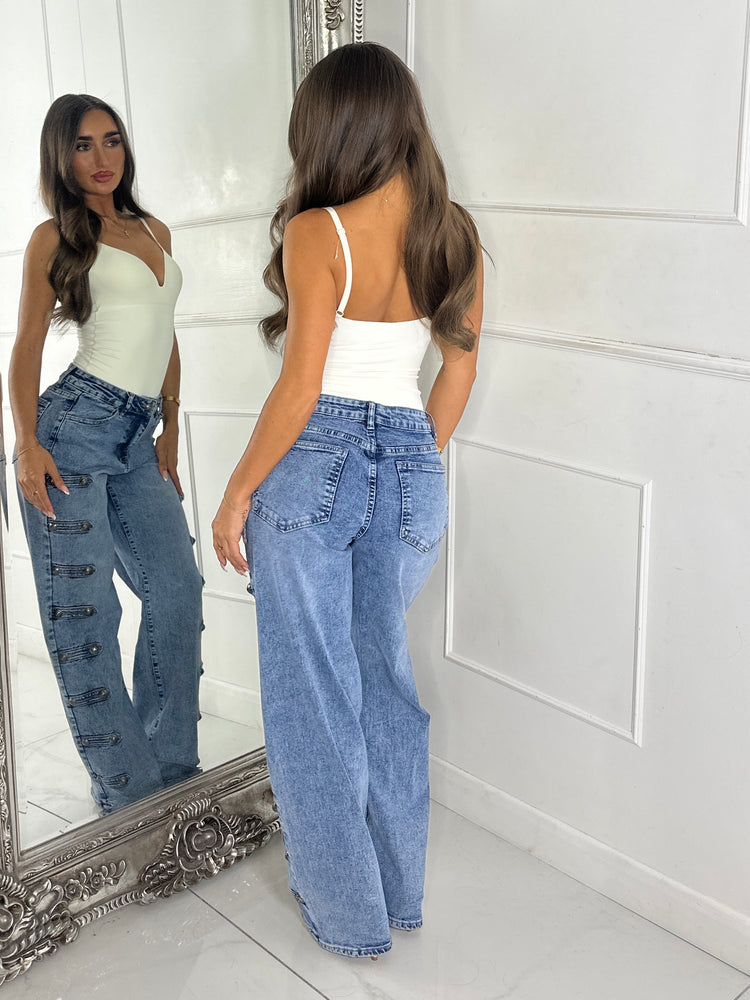 Dual Military Button Detail Wide Leg Denim Jeans - Blue
