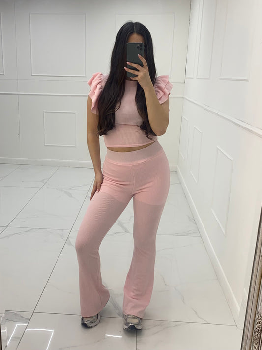 Ribbed Frill Shoulder and Flares Co-ord - Baby Pink