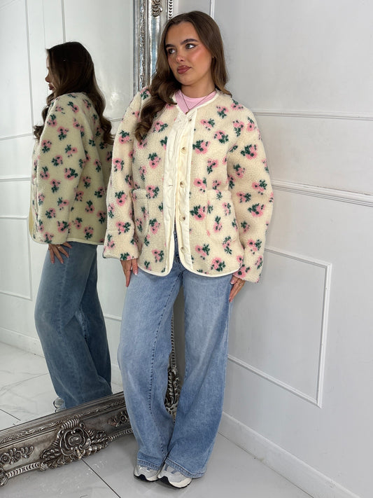 Button Up Floral Print Fleece Jacket - Cream/Pink