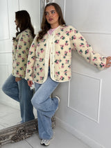 Button Up Floral Print Fleece Jacket - Cream/Pink