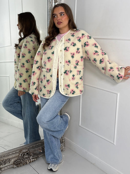 Button Up Floral Print Fleece Jacket - Cream/Pink