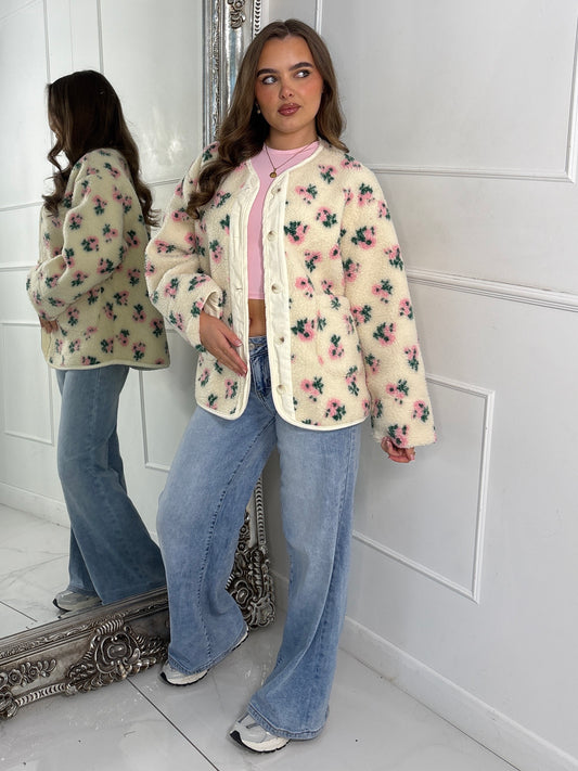 Button Up Floral Print Fleece Jacket - Cream/Pink