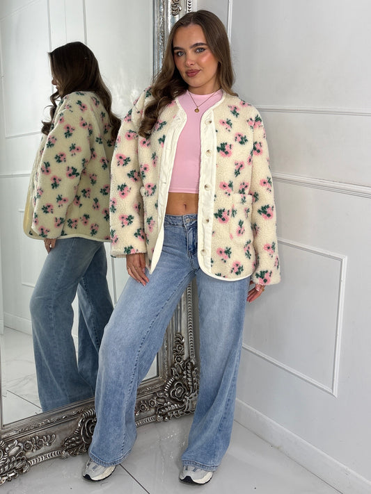 Button Up Floral Print Fleece Jacket - Cream/Pink