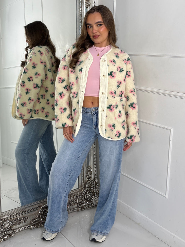 Button Up Floral Print Fleece Jacket - Cream/Pink
