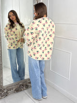 Button Up Floral Print Fleece Jacket - Cream/Pink