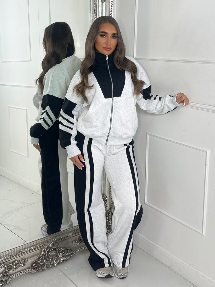 Block Colour Stripe Detail High Neck Tracksuit - Bleach Grey/Black