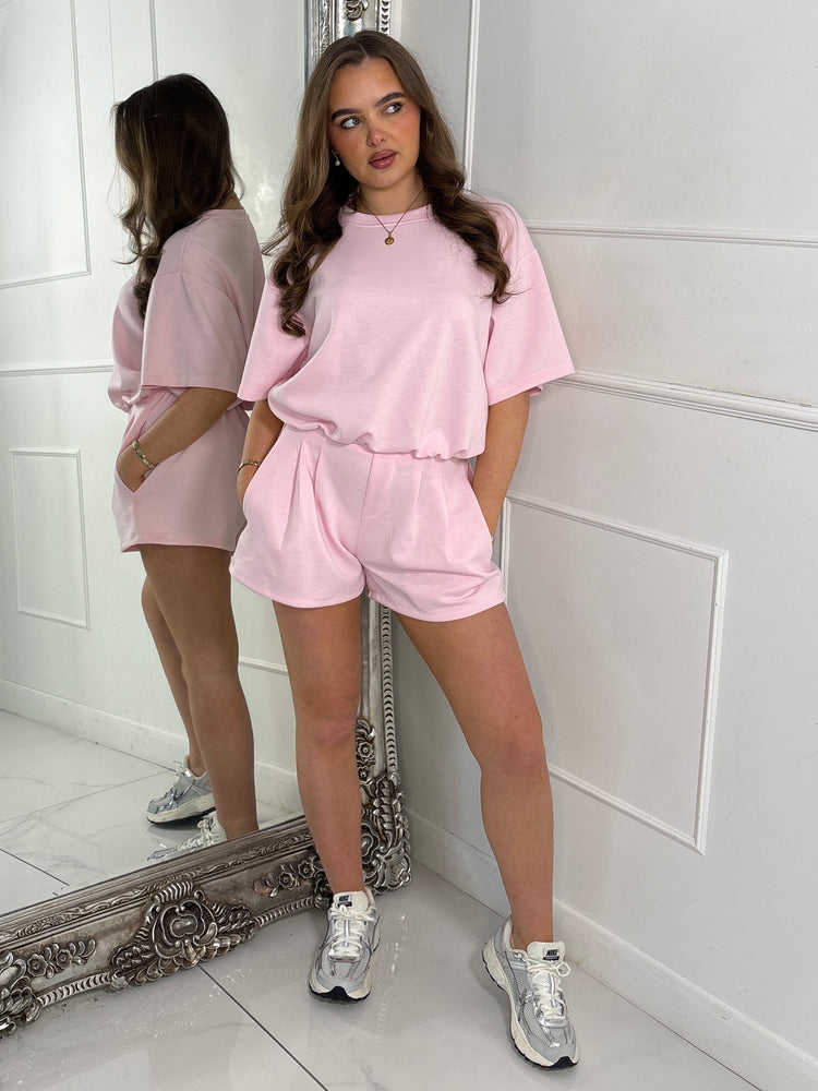 Elasticated Tailored Look Shorts & Oversized Crop Top Co-Ord - Baby Pink