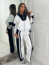 Block Colour Stripe Detail High Neck Tracksuit - Bleach Grey/Black