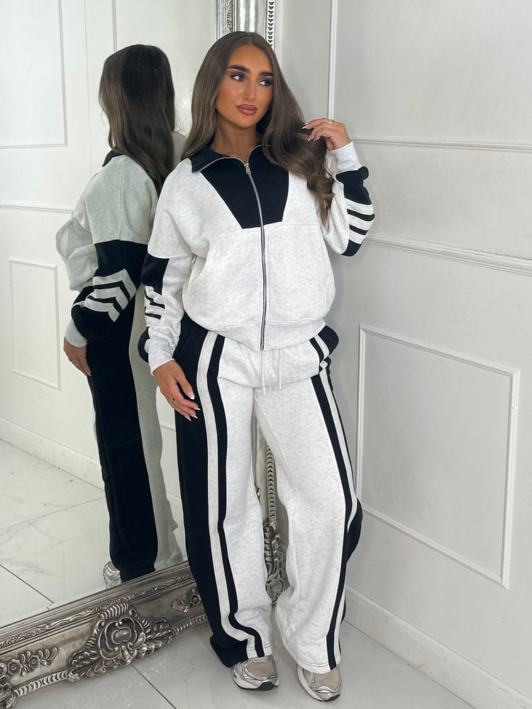Block Colour Stripe Detail High Neck Tracksuit - Bleach Grey/Black