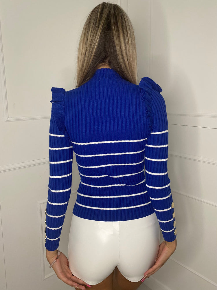 Gold Button Striped Frill Jumper - Royal Blue