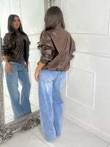 High Neck Pocket Look Detail PU Jacket - Brown