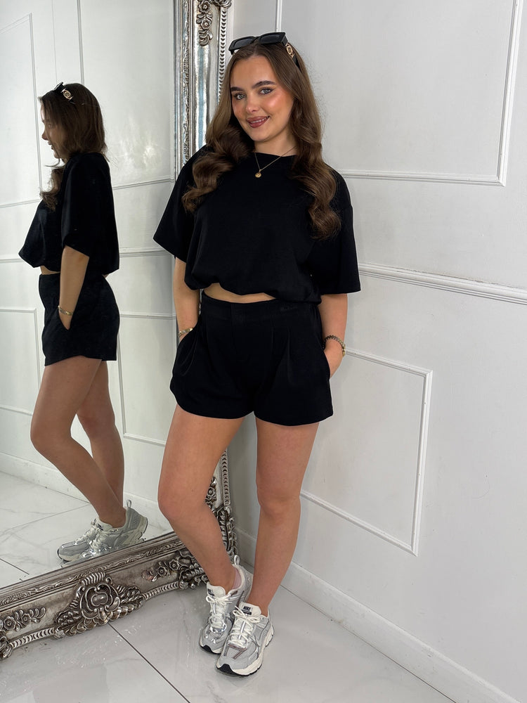 Elasticated Tailored Look Shorts & Oversized Crop Top Co-Ord - Black