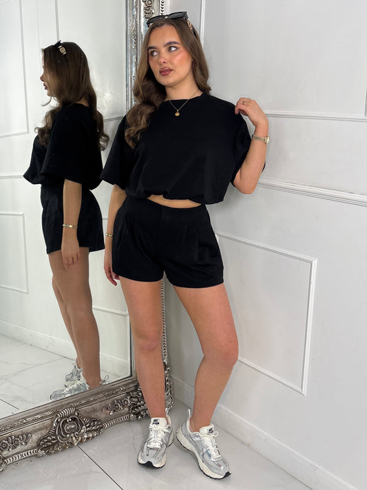 Elasticated Tailored Look Shorts & Oversized Crop Top Co-Ord - Black