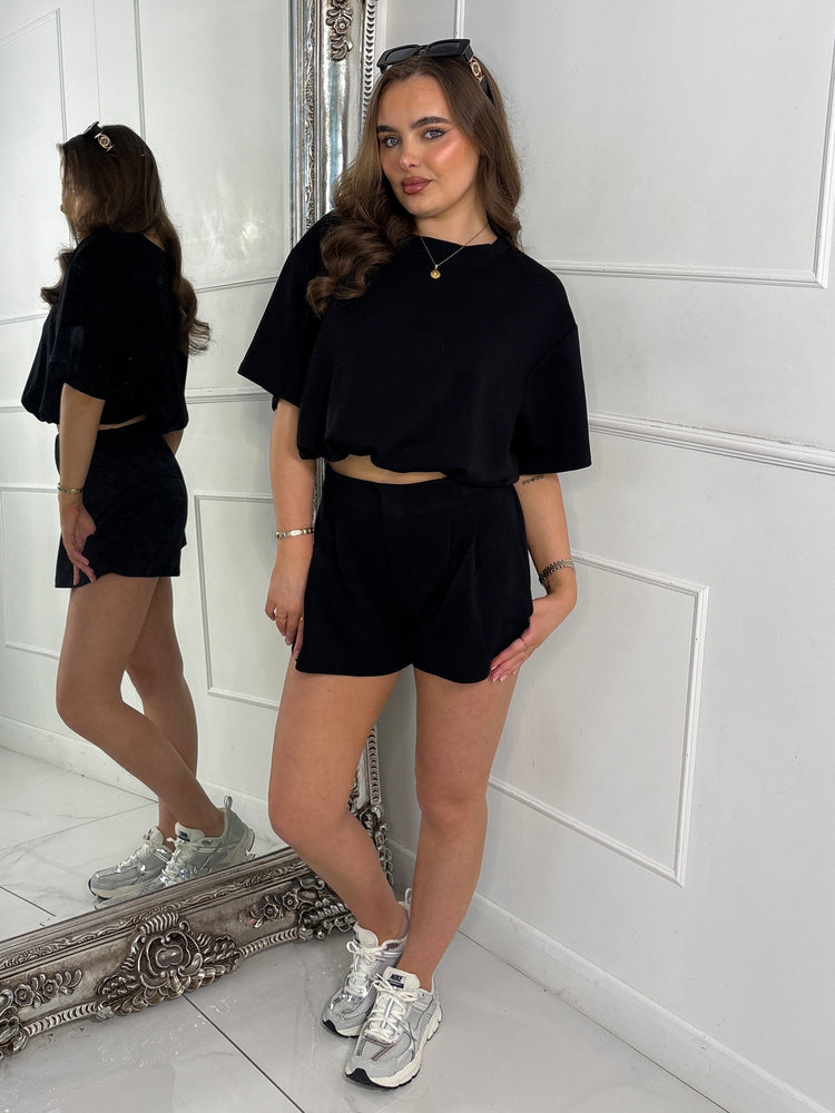 Elasticated Tailored Look Shorts & Oversized Crop Top Co-Ord - Black
