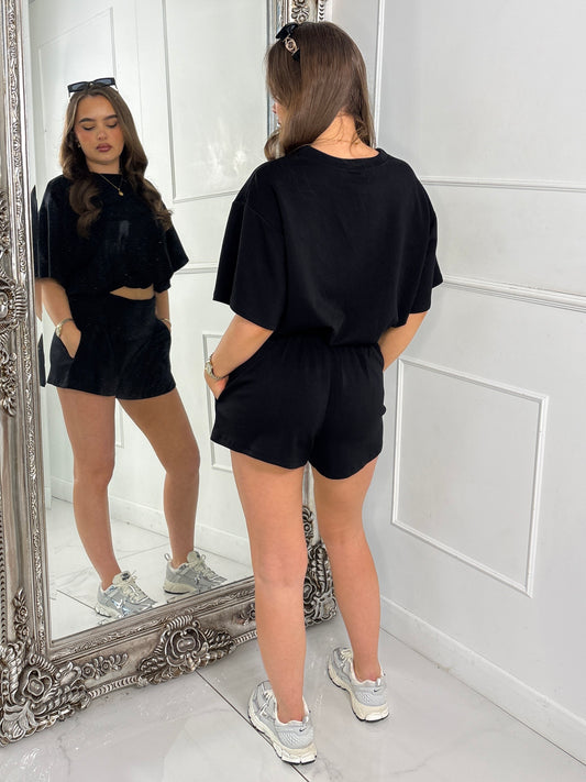 Elasticated Tailored Look Shorts & Oversized Crop Top Co-Ord - Black