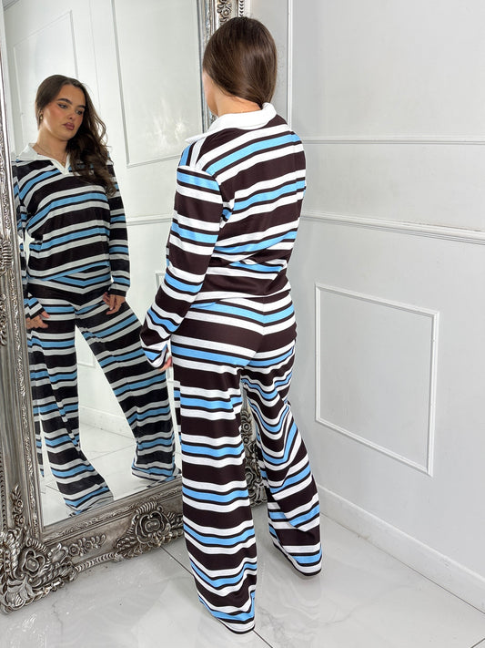 Striped Collared Long Sleeve Top & Wide Leg Pants Co-Ord - Baby Blue/Brown