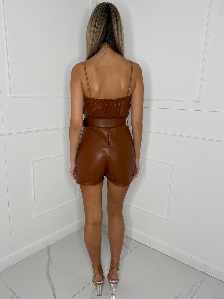 PU Cargo Style Playsuit - Brown