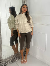 High Neck Pocket Look Detail PU Jacket - Cream