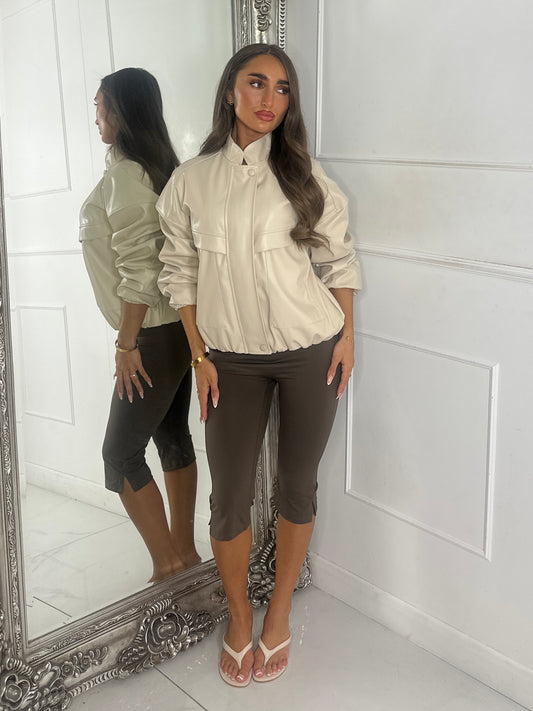High Neck Pocket Look Detail PU Jacket - Cream