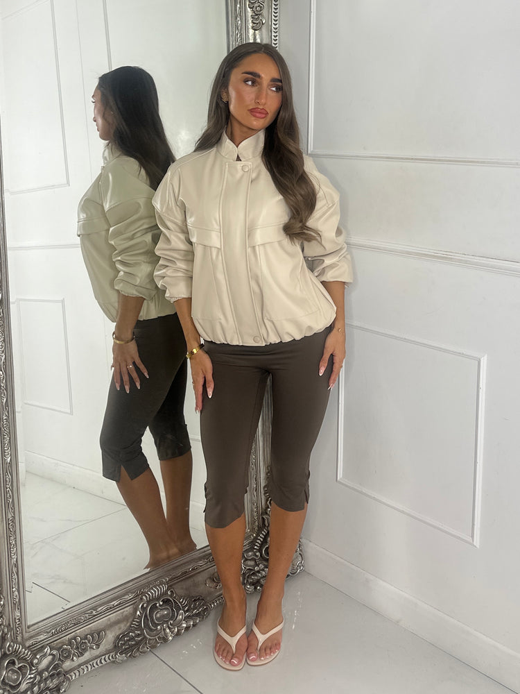 High Neck Pocket Look Detail PU Jacket - Cream