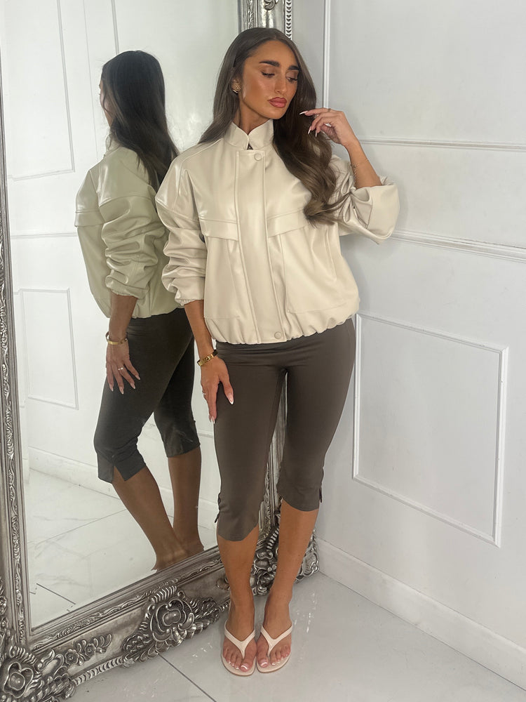 High Neck Pocket Look Detail PU Jacket - Cream