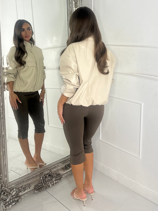 High Neck Pocket Look Detail PU Jacket - Cream