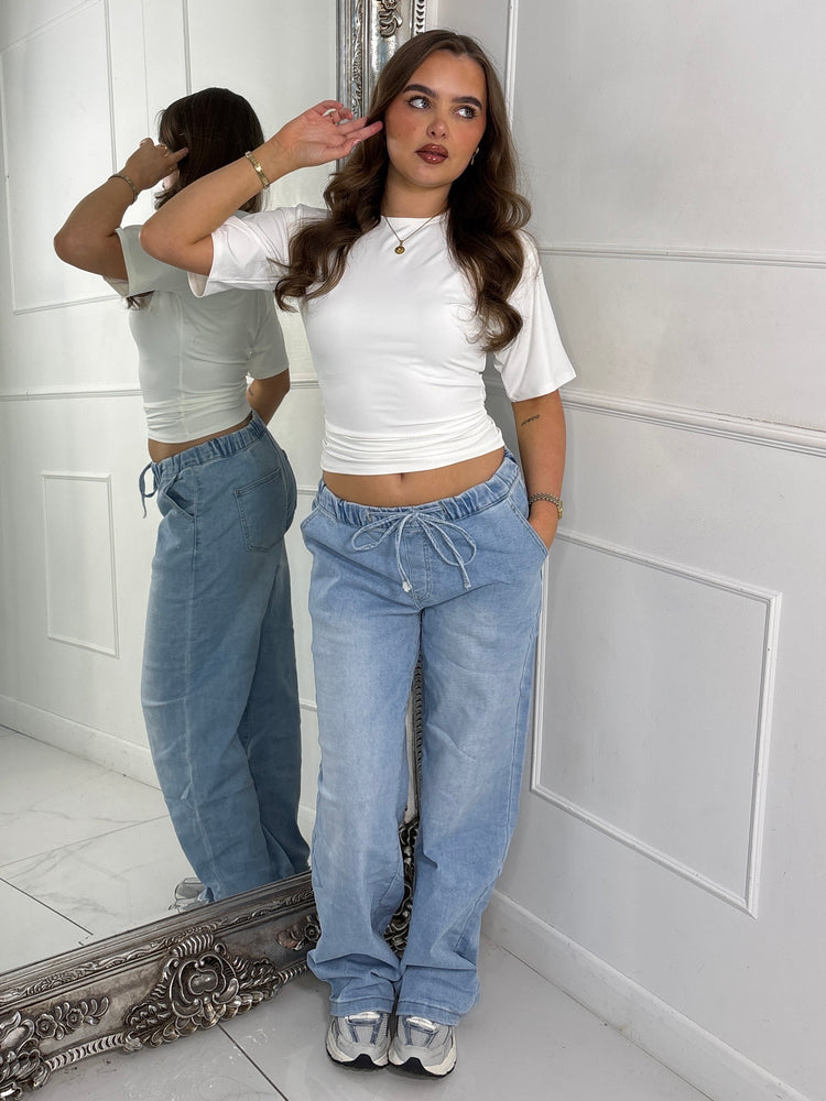 Elasticated Waist Baggy Jogger Denim Jeans - Light Wash