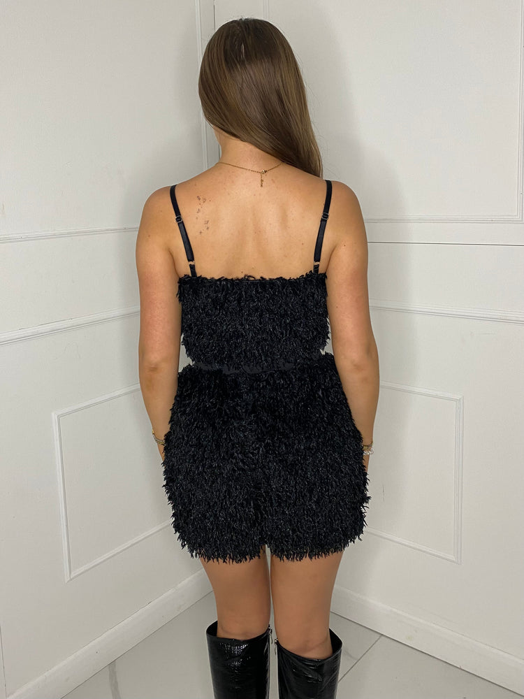 Feather Bandeau Skirt Set - Black