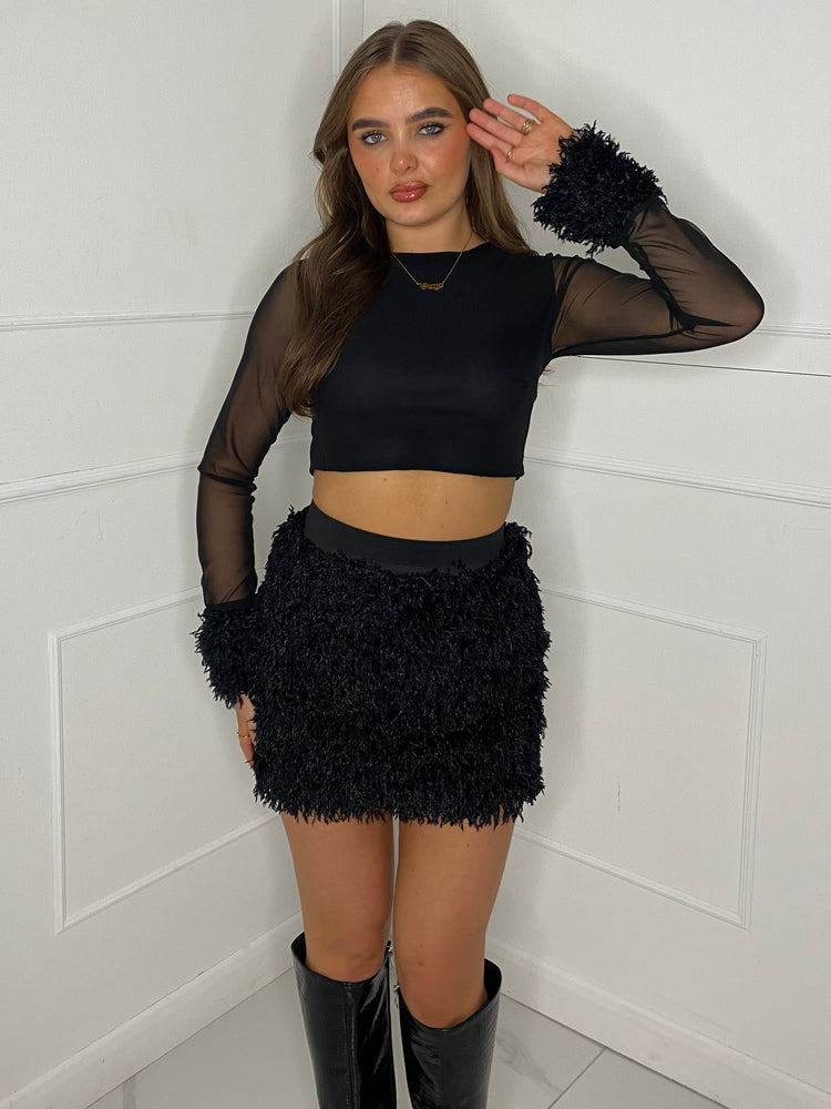 Feather Cuff Top & Skirt Set - Black
