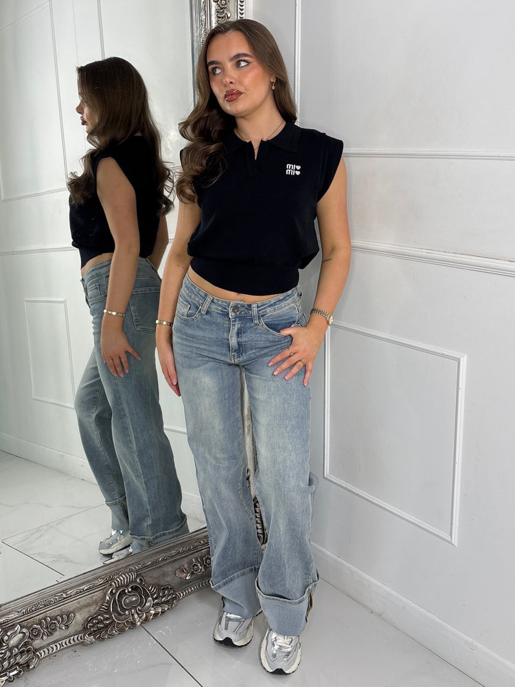 Slogan Detail Knitted Tank Top - Black