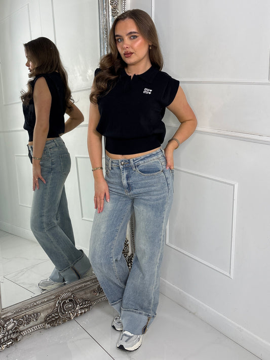 Slogan Detail Knitted Tank Top - Black