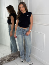 Slogan Detail Knitted Tank Top - Black