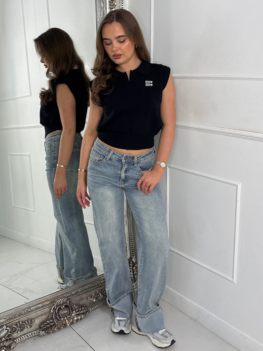 Slogan Detail Knitted Tank Top - Black