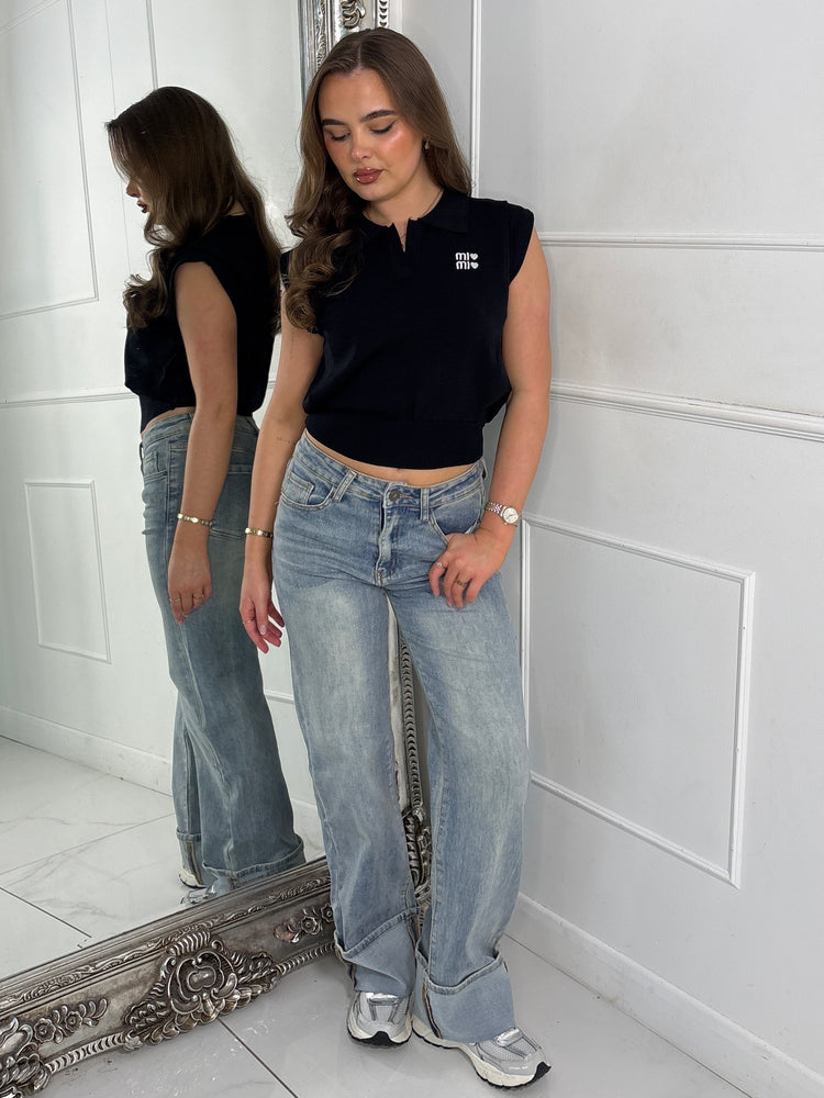 Slogan Detail Knitted Tank Top - Black