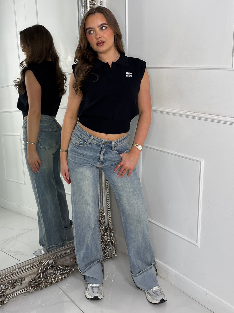 Slogan Detail Knitted Tank Top - Black