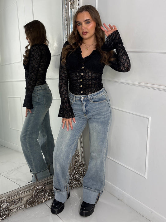 Frill Detail Gold Button Long Sleeve Lace Bodysuit - Black