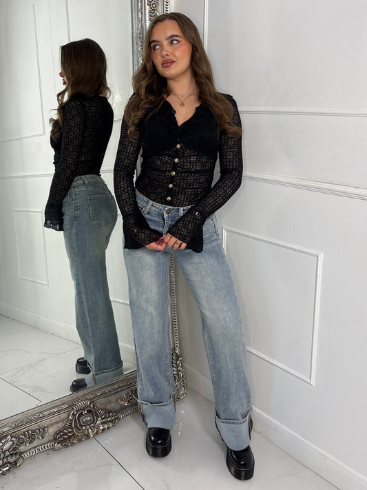 Frill Detail Gold Button Long Sleeve Lace Bodysuit - Black