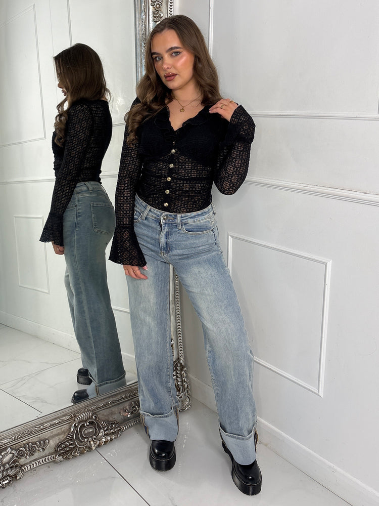 Frill Detail Gold Button Long Sleeve Lace Bodysuit - Black