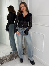 Frill Detail Gold Button Long Sleeve Lace Bodysuit - Black