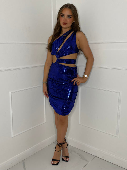 Ruched Side Cut Out Sequin Dress - Blue