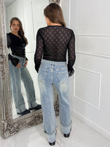 Frill Detail Gold Button Long Sleeve Lace Bodysuit - Black